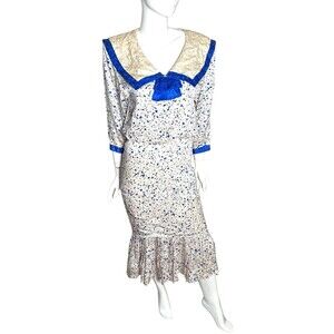 Vintage Flora Kung Dress Women’s 8 Blue White Silk Ruffle 80s Sailor Collar